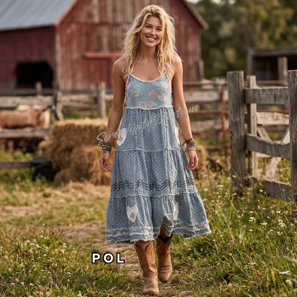 POL Bohemian Girly Cowgirl Strappy Denim Tiered Patchwork Maxi Eyelet Jean Dress - Picture 3 of 12